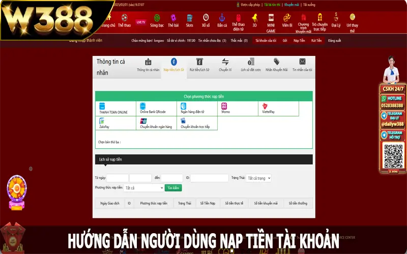 Hướng dẫn người dùng nạp tiền nhanh chóng dễ dàng